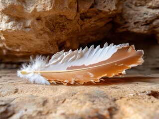Leinwandbilder - Close-up of a single feather resting on a textured light brown stone surface under natural sunlight revealing intricate details and natural hues