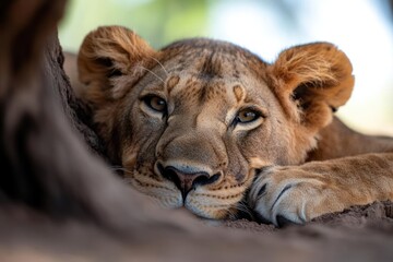 Aufkleber - Close-up of a lion resting its head in a burrow with focused gaze brown eyes and soft lighting against a blurred green backdrop