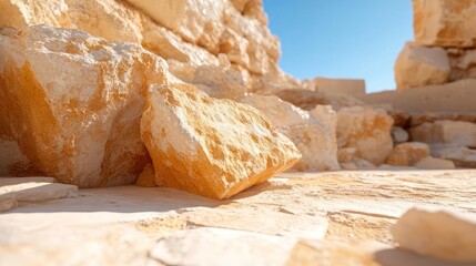 Leinwandbilder - Sunlit view of weathered sandstone blocks and fragments casting shadows against a clear blue sky architectural details of ancient structures