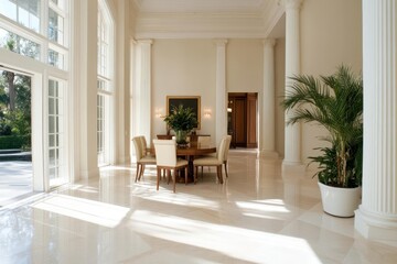 Poster - Spacious interior with a dining set elegant columns and large windows. Sunlight streams through the glass illuminating the marble floors and potted plant. The room exudes luxury and sophistication