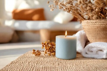 Poster - A lit blue candle with a white towel and decorative branches on a woven mat creates a cozy and relaxing atmosphere in this interior shot