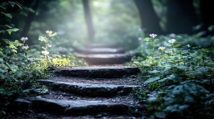 Poster - Stone steps path through lush green forest with dappled sunlight illuminating the way and wild flowers growing beside the path