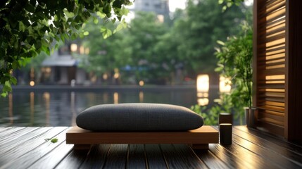 Poster - Tranquil waterside view featuring a dark cushion on a wooden platform framed by leafy branches and soft sunlight evoking a sense of peace and nature