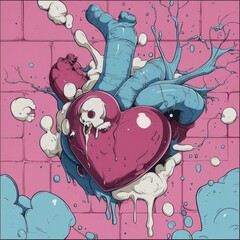 Poster - Illustration of a stylized pink heart with a skull element and blue anatomical features against a pink tiled background with splashes and drips