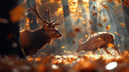 Aufkleber - Majestic deer stag and fawn in sunlit autumn forest with falling leaves. Warm golden light illuminates the scene creating a tranquil and magical atmosphere