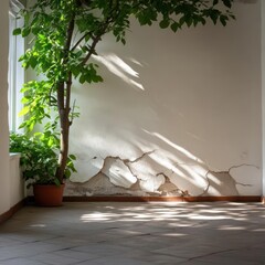 Fototapete - Indoor scene featuring sunlight and shadow on a white textured wall with a plant in a pot and another young plant. The floor is tiled. The wall has a cracked area