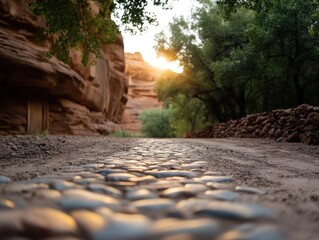 Aufkleber - Stone path leading through a canyon at sunset with golden sunlight illuminating the scene. Rugged sandstone cliffs and lush green trees create a scenic landscape