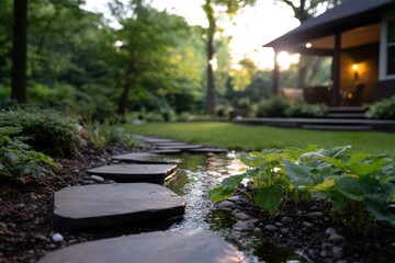 Poster - Stone pathway through a garden stream with lush greenery and a house in the background illuminated by golden hour light