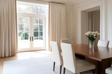 Aufkleber - Elegant dining room with natural light illuminating a wooden table and white chairs near a window overlooking a garden. Includes a white rug and curtains