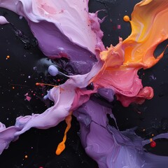 Fototapete - Abstract explosion of vibrant paint splashes against a black background featuring pink purple and orange hues with scattered droplets creating a dynamic visual texture