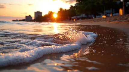 Poster - Golden hour scene featuring ocean waves softly reaching the sandy shore with buildings silhouetted in the background creating serene and warm atmosphere