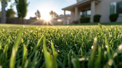 Poster - Low angle view of green grass with morning dew and bright sunlight in the background with a building