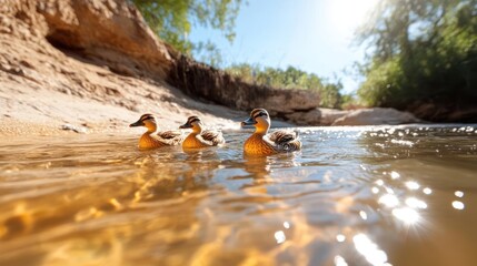 Aufkleber - Three ducks swimming in shallow water lit by sunlight with a blurred background. Ducks in water