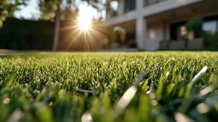 Aufkleber - Close up of lush green grass with sunlight shining through a large home and trees in background. Bright sunshine and natural light illuminates the landscape. 