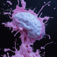 Poster - Brain Submerged In Pink Liquid Splash Against Black Background With Creative Lighting