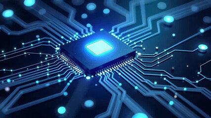 Fototapete - A Futuristic Look at a Circuit Board with a Glowing Central Processing Unit