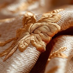 Aufkleber - Close Up Golden Fabric With Detailed Embroidered Floral Pattern in Warm Tones