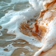Poster - Close Up Of Ocean Waves With Sea Foam And Golden Sand Illuminated By Natural Light
