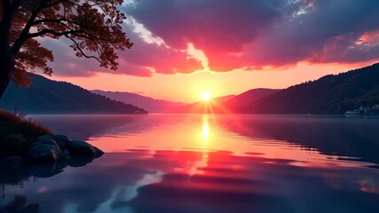 Aufkleber - Tranquil Lakeside Sunset A Breathtaking Blend of Nature's Colors and Serenity