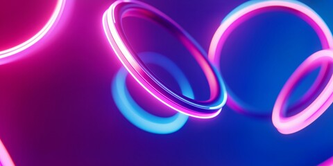 Wall Mural - glowing 3d rings in vibrant pink, magenta, and cyan hovering over a deep purple and blue backdrop