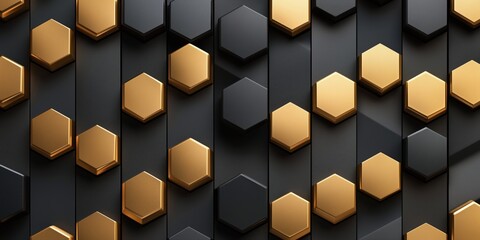 Wall Mural - golden hexagons arranged in a seamless pattern over matte black vertical structures