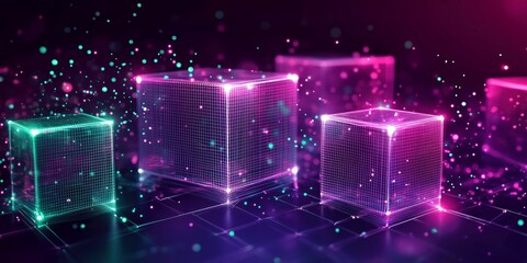Wall Mural - 3d wireframe cubes in pink and teal floating in a futuristic grid environment filled with particle s