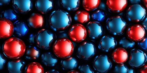 Wall Mural - metallic spheres in vibrant red and electric blue embedded in a high-gloss dark grid pattern