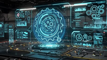 Futuristic Technology Interface: Holographic Gears and Data Visualization