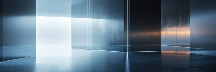Fototapete - Abstract modern architectural interior illuminated with glowing transparent glass panels displaying a minimalist high-end design