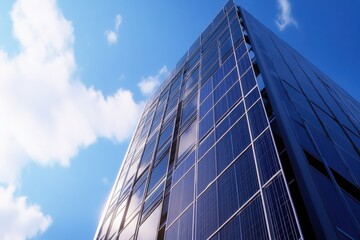 solar panels reflect sunlight on a modern building against a clear blue sky