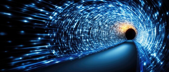Wall Mural - swirling blue light creates a tunnel effect, with a dark end and orange light. shiny aesthetic