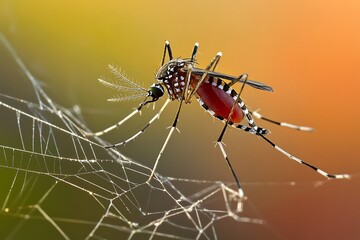 aedes aegypti mosquito perched delicately on a delicate spidera??s web, early morning haze.