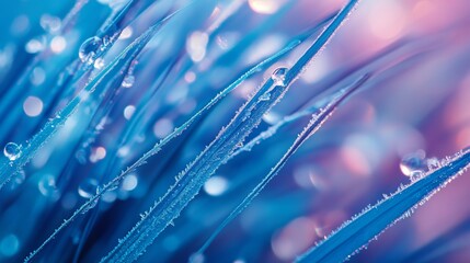 Wall Mural - Vibrant close-up of dew-kissed grass blades. This stunning image captures nature’s beauty in vivid colors and intricate details. Perfect for artistic and commercial use. Generative AI