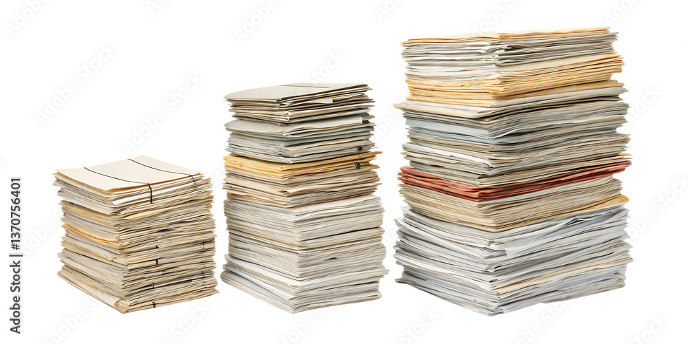 Three Stacks Paper Three stacks of paper of varying heights against a withe background in ...