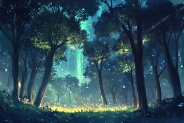a magical forest with tall trees and the northern lights in starring night sky.