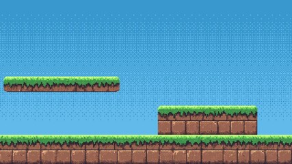 Wall Mural - pixel art retro game level, 8 bit 2d video game background, pixel template. stones, grass and blue s