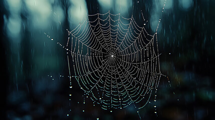 A moody photography of raindrops on a spiderweb, intricately detailed with light refracting through the water, set against a dark forest background.