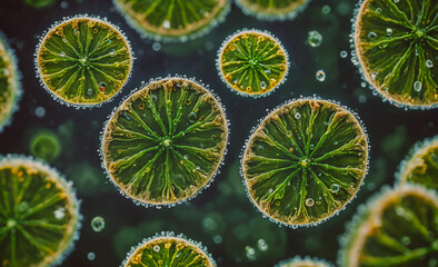 Poster - Close up of a green plant with many small green circles. The circles are filled with water