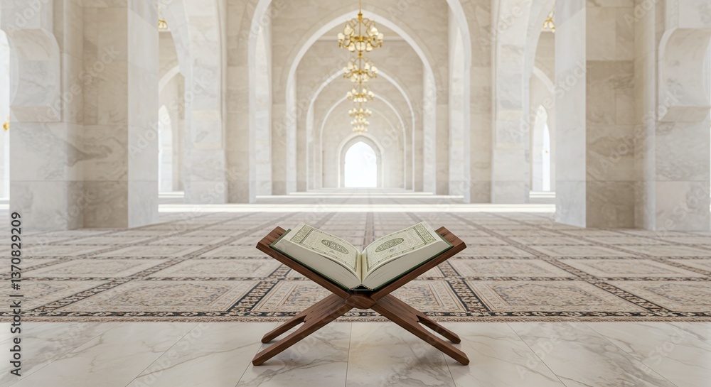 Quran in Mosque: The heart of faith illuminated in a mosque, with an ...
