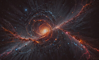 Wall Mural - Spiral galaxy with a bright orange star in the center. The galaxy is filled with stars and has a dark background