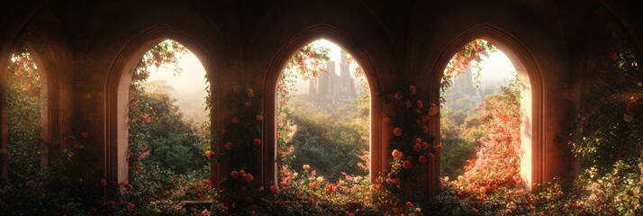 Leinwandbilder - Ethereal Seasonal Transitions Enchanting Architectural Landscape Portal Revealing Autumns Golden Light Through Mystical Stone Archways - Cinematic Nature Storytelling