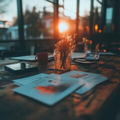 Poster - Golden Hour Workspace Essentials Minimalist Creative Studio with Sunset-Inspired Productivity, Blending Digital Innovation and Mindful Design Aesthetics