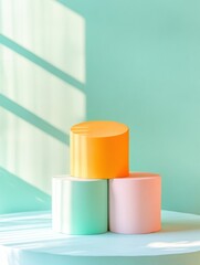 Poster - Minimalist Geometric Mockup Pastel Cylinder Composition in Soft Mint and Coral, Trendsetting Product for Digital Branding Campaigns