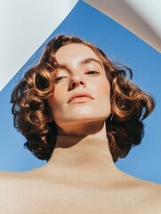 Poster - Soft Minimalism Curly-Haired Model Embodying Gen Z Serenity with Geometric Color Block Styling - Contemporary Portrait of Tranquil Urban Aesthetic
