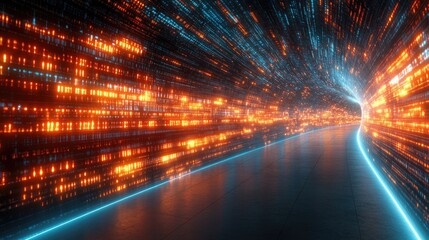 Wall Mural - a glowing tunnel of digital light streaks, bright blue and orange hues, fading into the distance