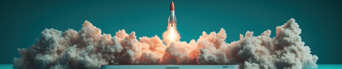 Fototapete - Quantum Velocity Rocket Launch Visualization for Digital Innovation, Tech Entrepreneurship, and Transformative Business Acceleration Strategies