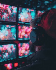 Fototapete - Immersive Media Control Cyberpunk-Inspired Multiscreen Visual Analytics Hub - Next-Gen Digital Production and Sensory Content Management Experience
