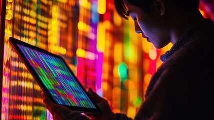 Data Analysis and Digital Display with Vibrant Color Backlighting in Studio