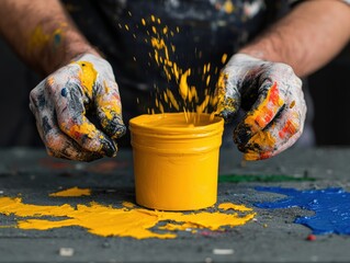 Poster - Tactile Creativity Unleashed Dynamic Yellow Pigment Splash in Artisan Craft Workshop - Expressive Material Exploration for Contemporary Design and Marketing