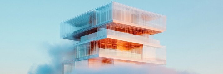 Aufkleber - Metamorphic Urban Architecture Translucent Glass-Layered Building in Dynamic Digital Visualization - Futuristic Design Innovation